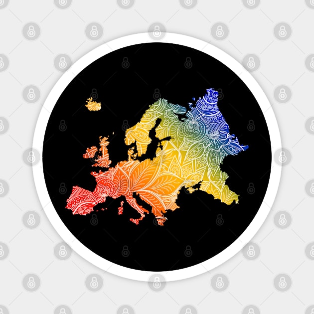 Colorful mandala art map of Europe with text in blue, yellow, and red Magnet by Happy Citizen